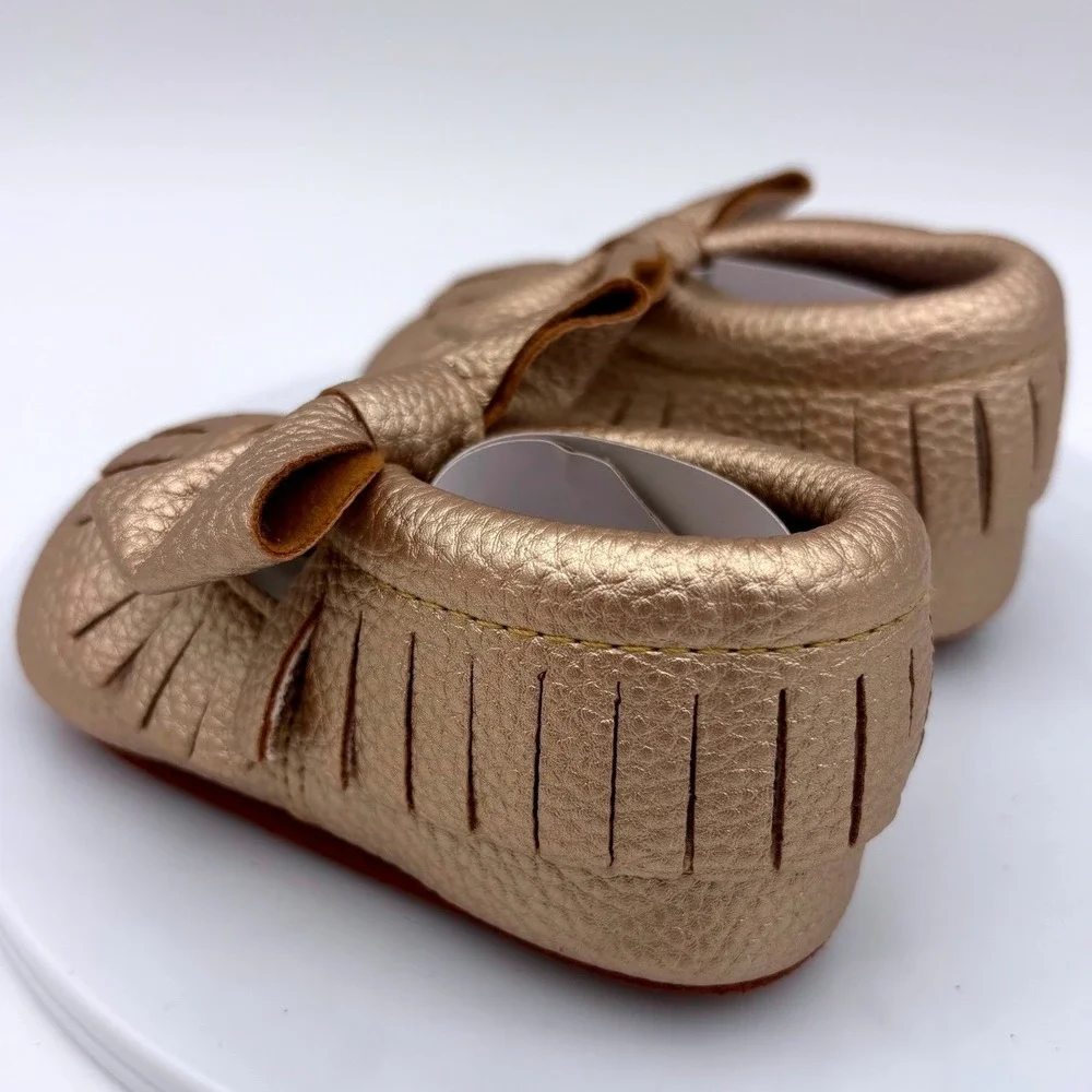 NEW Gold Baby Moccasin Shoe Bow Mary Jane Metallic Baby Soft Sole 0-6 Months